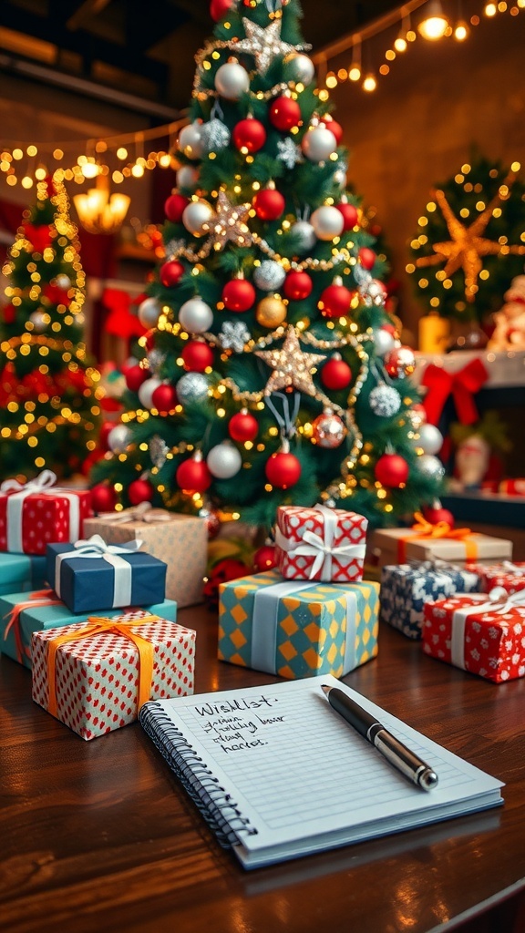 A decorated Christmas tree with gifts underneath, and a notepad for wishlist ideas.